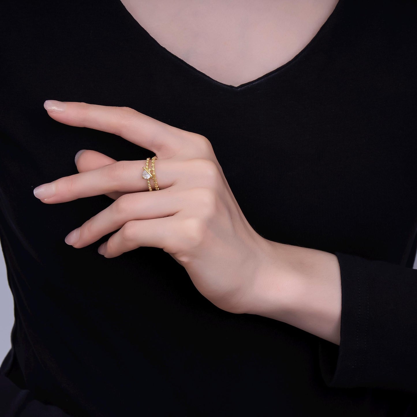 24K Gold Filled Clear CZ Molten Star Dotted Double Band Ring | O1054