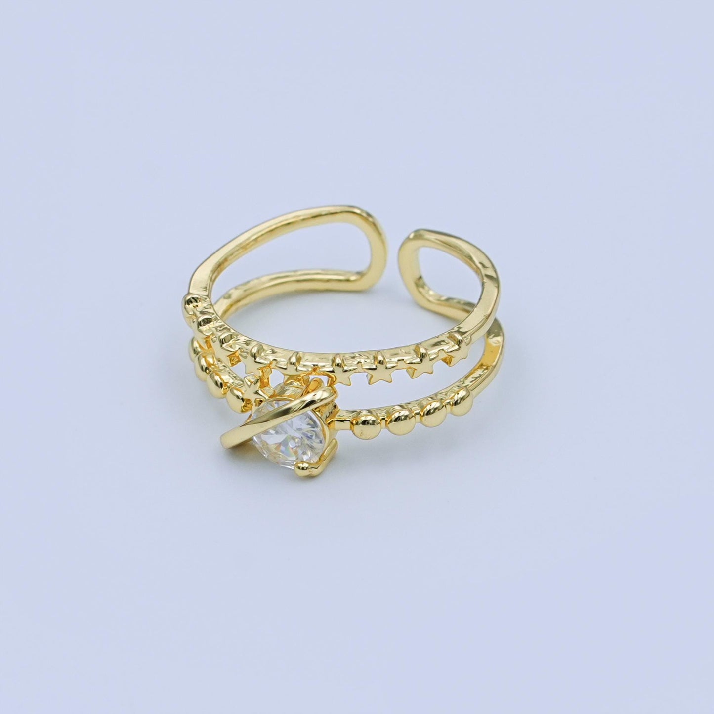 24K Gold Filled Clear CZ Molten Star Dotted Double Band Ring | O1054