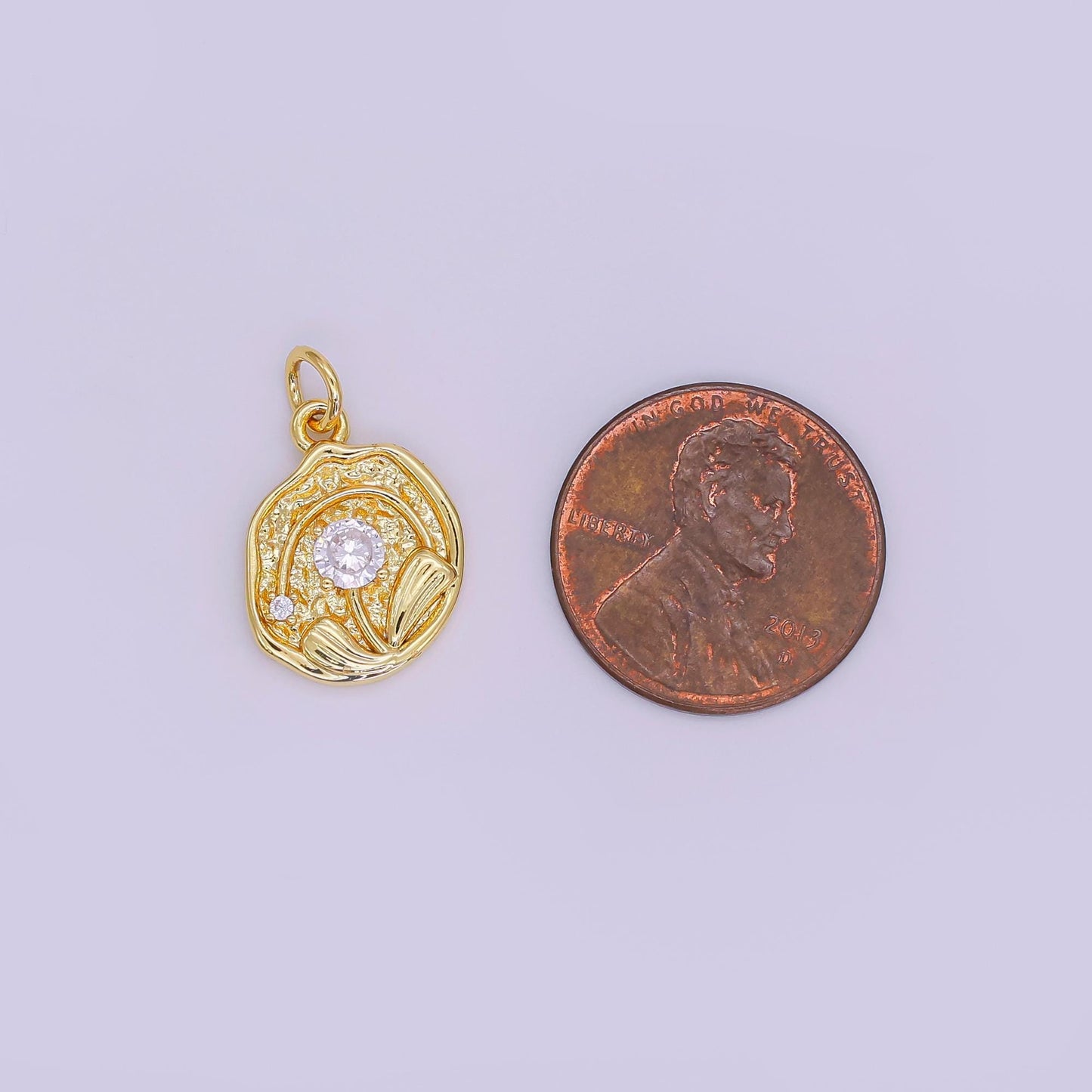 24K Gold Filled CZ Rose Flower Hammered Round Charm | AF423