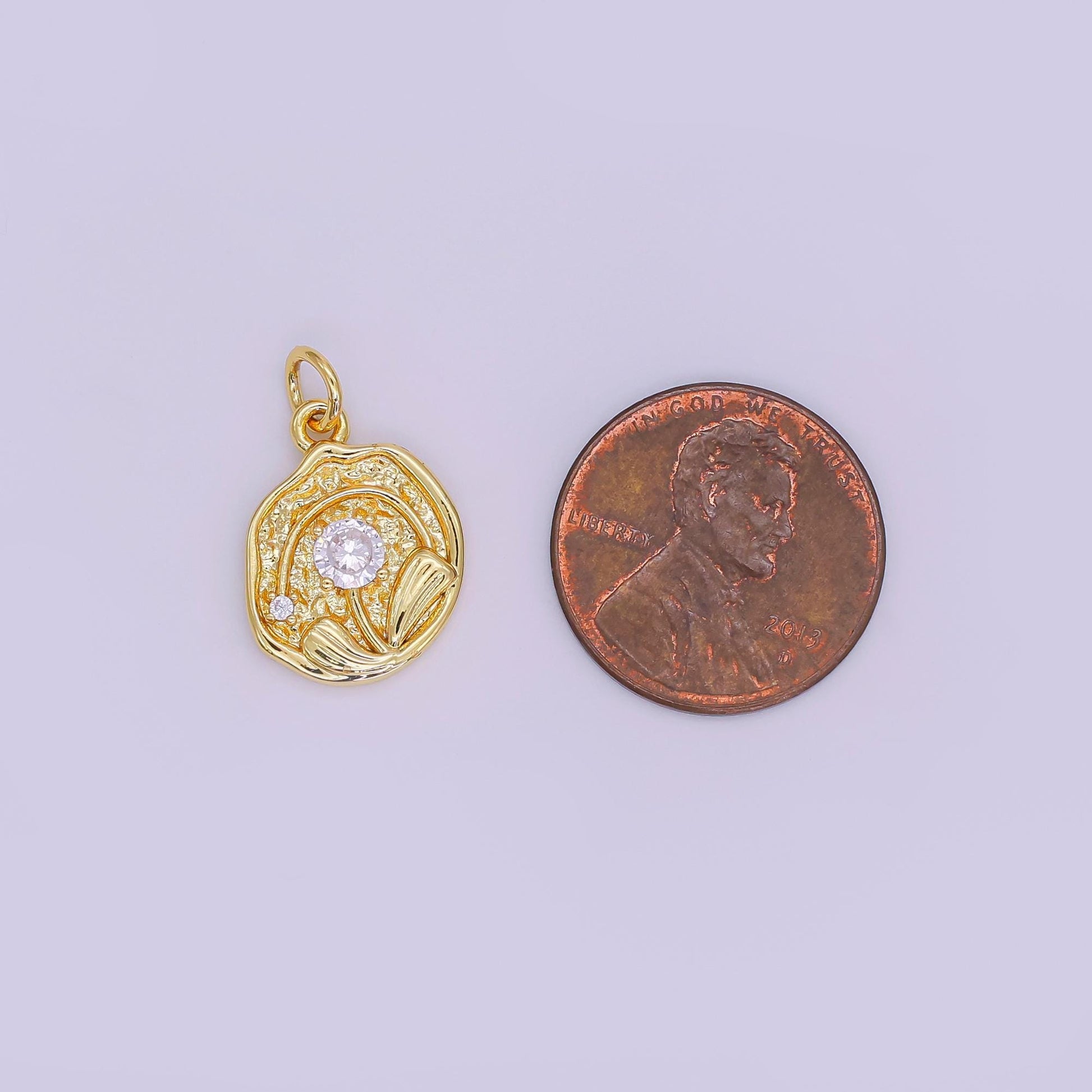 24K Gold Filled CZ Rose Flower Hammered Round Charm | AF423