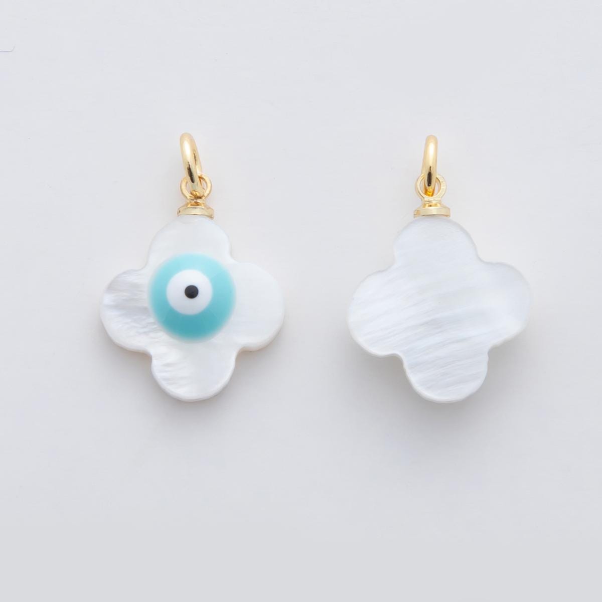 Mini White Clover Shell pearl charms white pearl Evil Eye pendants dainty charm necklace pendant 22mm pearl drop with bail AF334