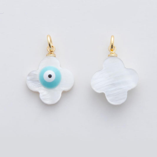 Mini White Clover Shell pearl charms white pearl Evil Eye pendants dainty charm necklace pendant 22mm pearl drop with bail AF334