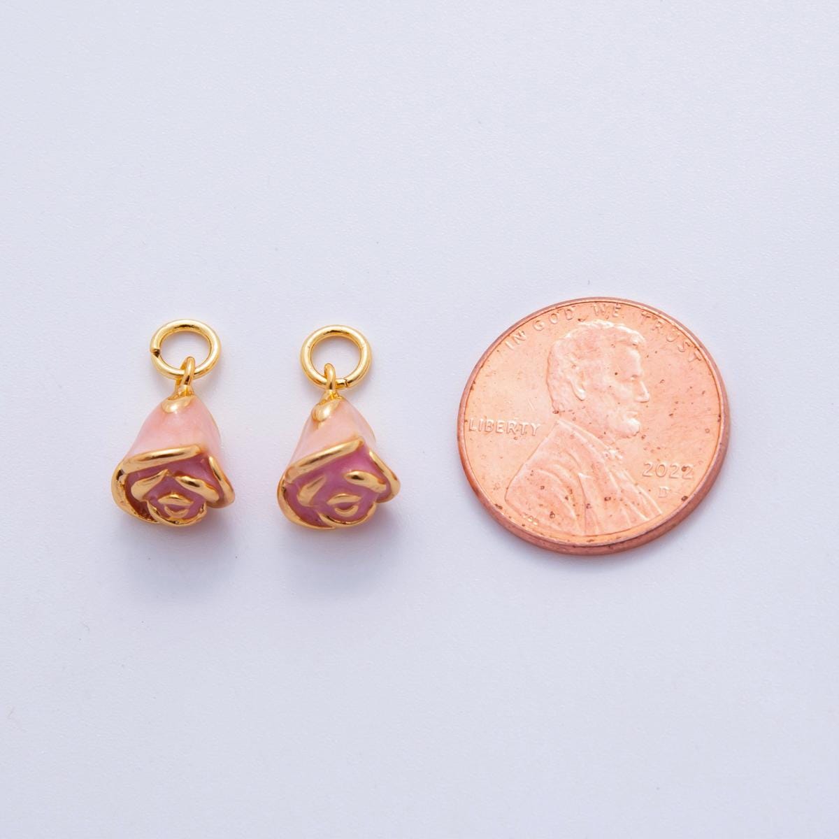 Mini Pink Enamel Rosebud flower charms rose flower pendant 18k Gold Filled jewelry necklace earring bracelet charm component X-630