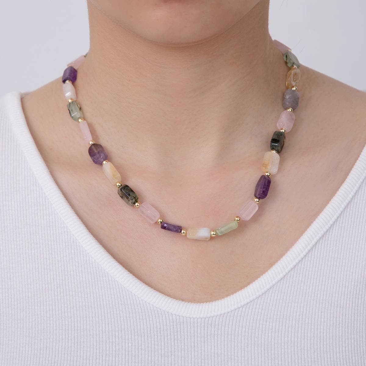 Chunky 4mm Mix Natural Gemstone Bead 17 Inch Handmade 18K Gold Filled Beaded Necklace | WA-3176