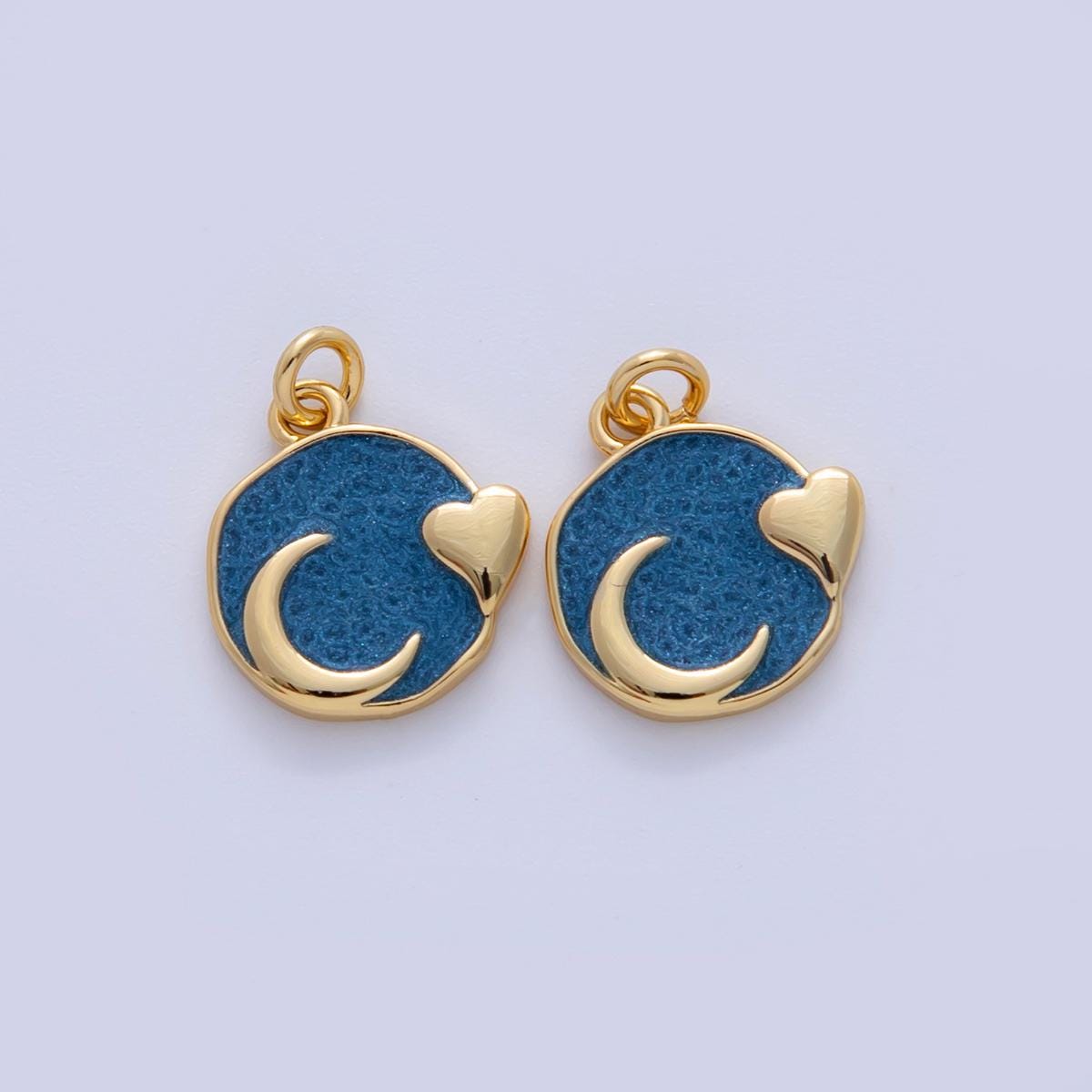 18K Gold Filled Blue Enamel Heart Crescent Moon Round Charm | AF327
