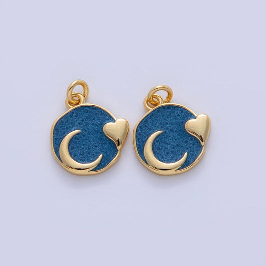 18K Gold Filled Blue Enamel Heart Crescent Moon Round Charm | AF327