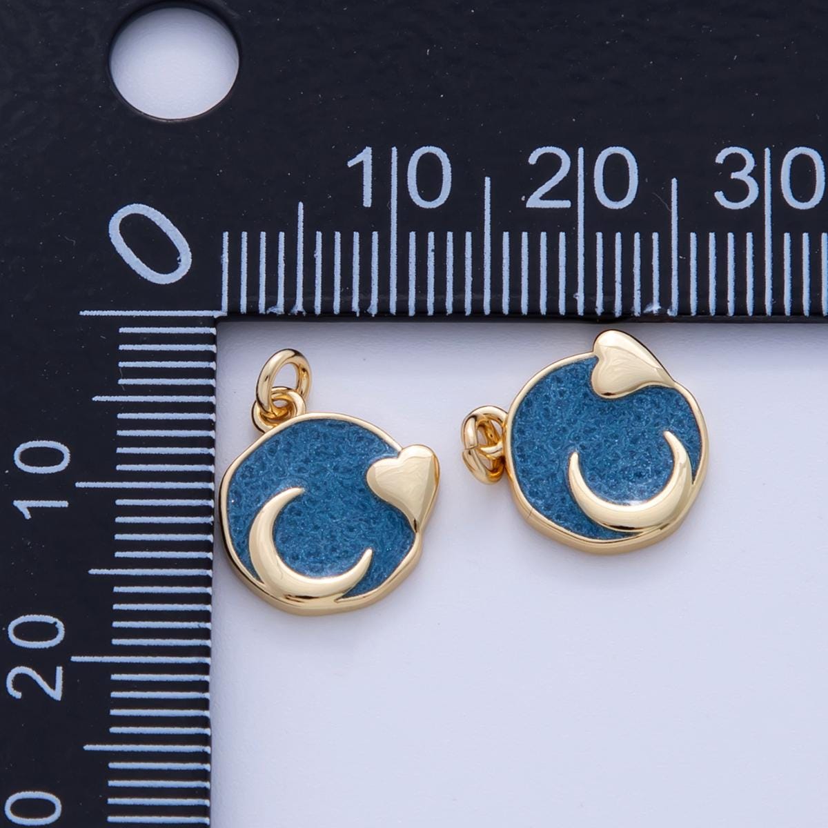 18K Gold Filled Blue Enamel Heart Crescent Moon Round Charm | AF327
