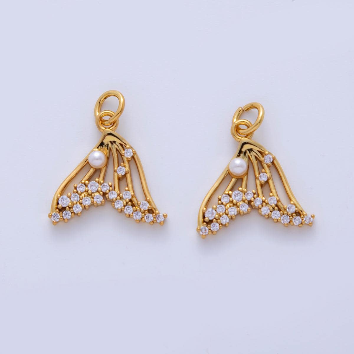 18K Gold Filled Micro Paved CZ Shell Pearl Whale Tail Charm | AF328