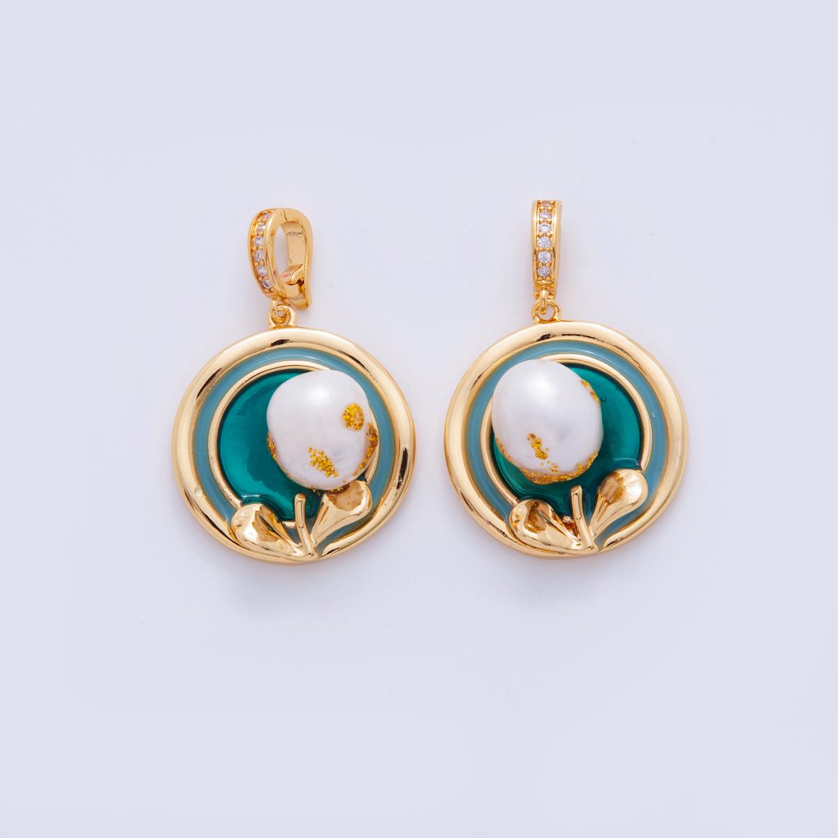 18K Gold Filled Shell Pearl Flower Round Micro Paved CZ Snap Bail Pendant | AH704