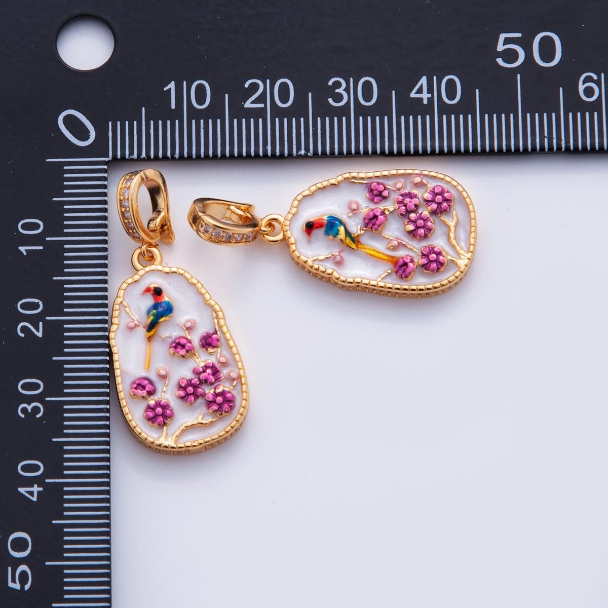 18K Gold Filled Peacock Flower Enamel Drop Micro Paved CZ Snap Bail Finding | AH705