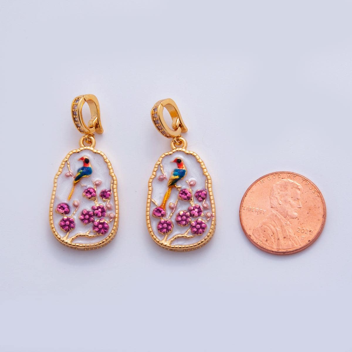 18K Gold Filled Peacock Flower Enamel Drop Micro Paved CZ Snap Bail Finding | AH705