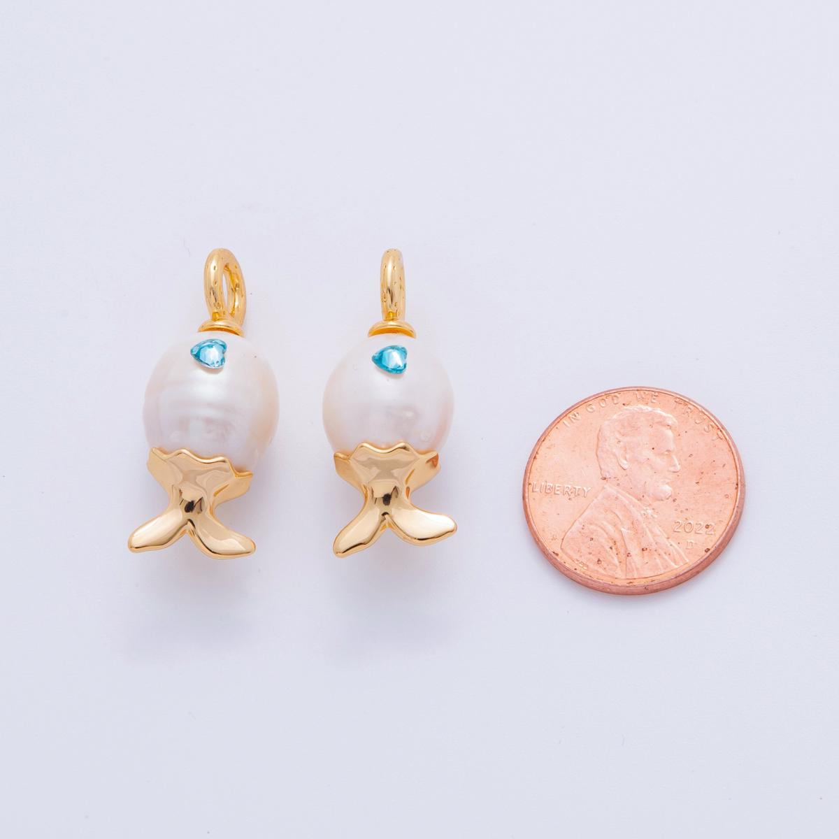 18K Gold Filled Blue CZ White Shell Pearl Fish Drop Pendant | AJ307