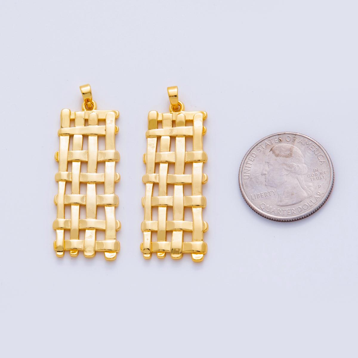 Gold Woven Rectangle Charms Tag Basket Weave Pendant Connectors, Modern Geometric Earring Supplies, Statement Jewelry Making Findings AH701
