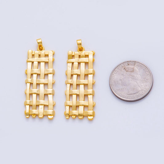 Gold Woven Rectangle Charms Tag Basket Weave Pendant Connectors, Modern Geometric Earring Supplies, Statement Jewelry Making Findings AH701