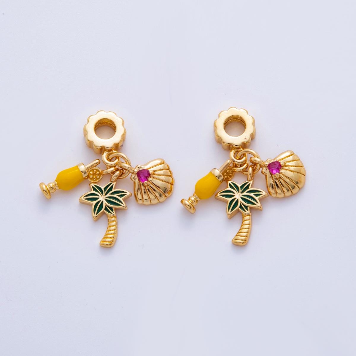 18K gold filled Palm Tree, Pinnacol Lada Shell Charm Summer Beach Vacation theme rondelle bail Charm drop pendant | M814