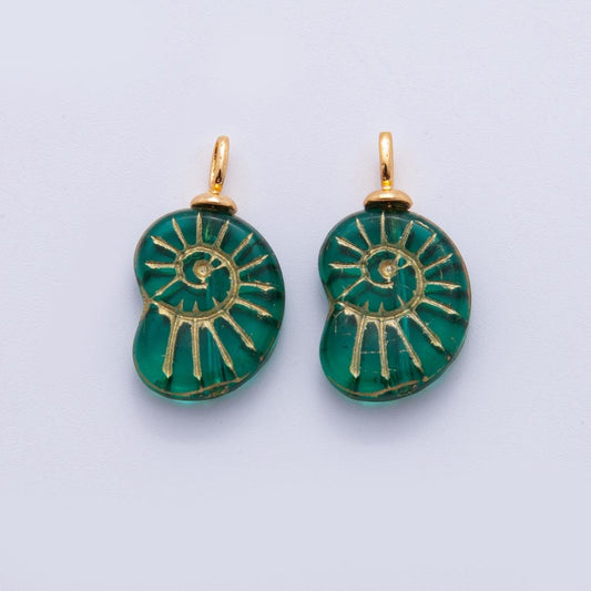 Dainty Green Yellow Glass Ammonite Charms Spiral Shell Pendant Charm Gold Edge Boho Earring Supplies, Beach Nautical Jewelry Making AF-289