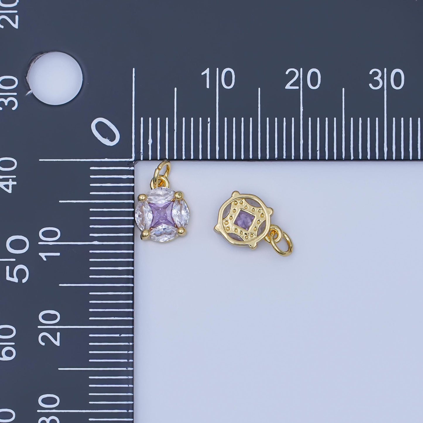 24K Gold Filled Clear-Purple CZ Geometric Round Charm | AF441
