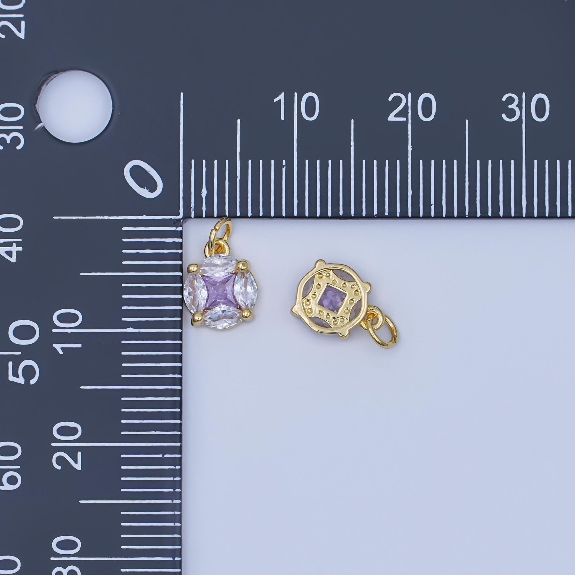 24K Gold Filled Clear-Purple CZ Geometric Round Charm | AF441