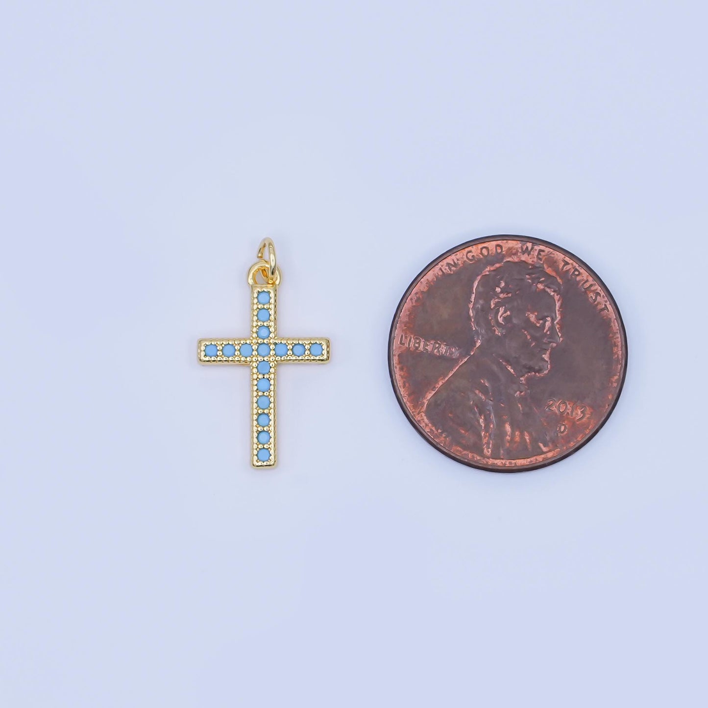 24K Gold Filled Turquoise Micro Paved Religious Cross Charm | AF440