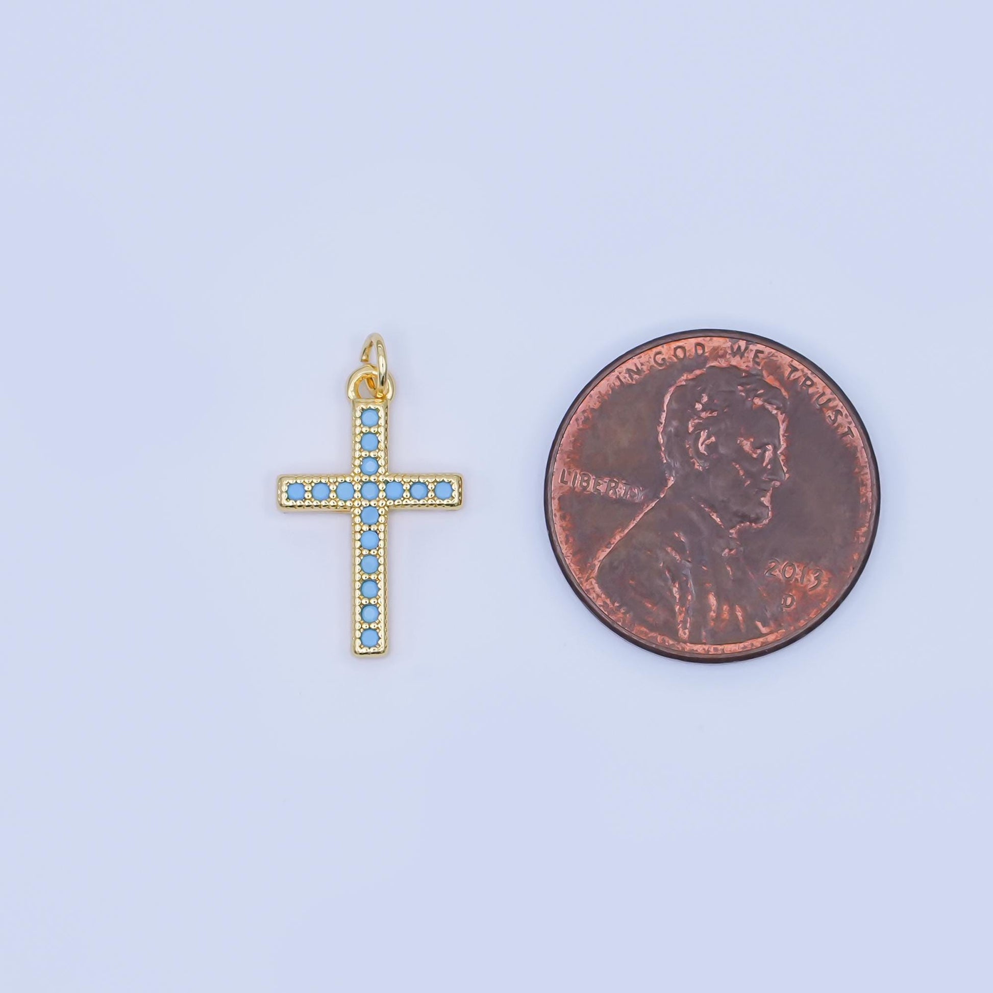 24K Gold Filled Turquoise Micro Paved Religious Cross Charm | AF440