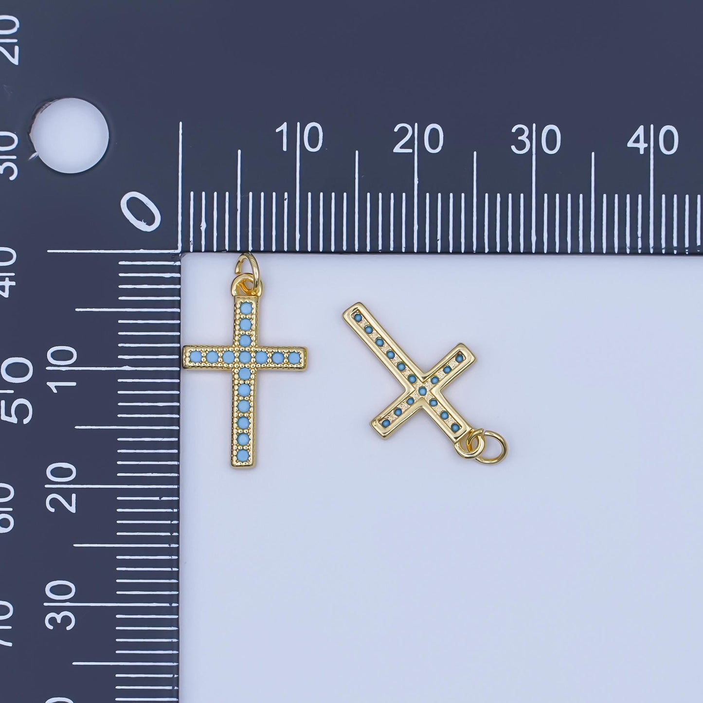 24K Gold Filled Turquoise Micro Paved Religious Cross Charm | AF440