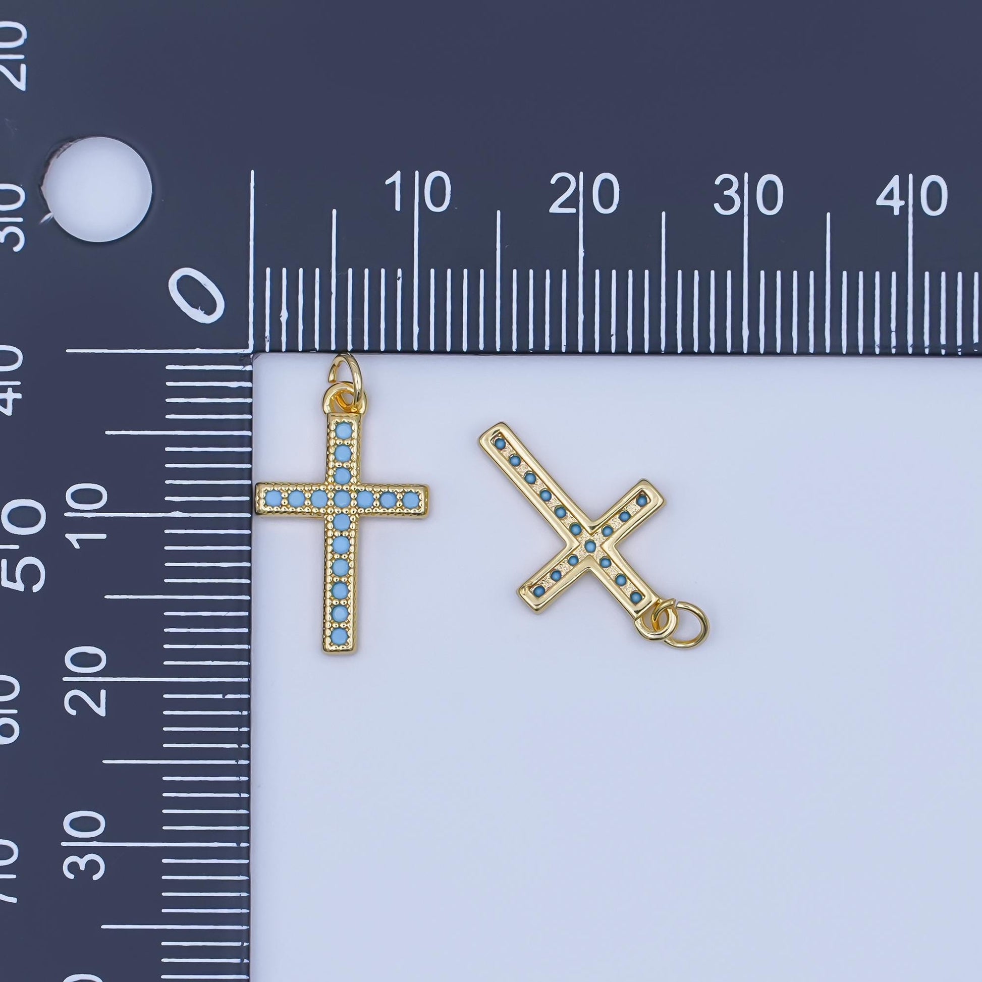 24K Gold Filled Turquoise Micro Paved Religious Cross Charm | AF440
