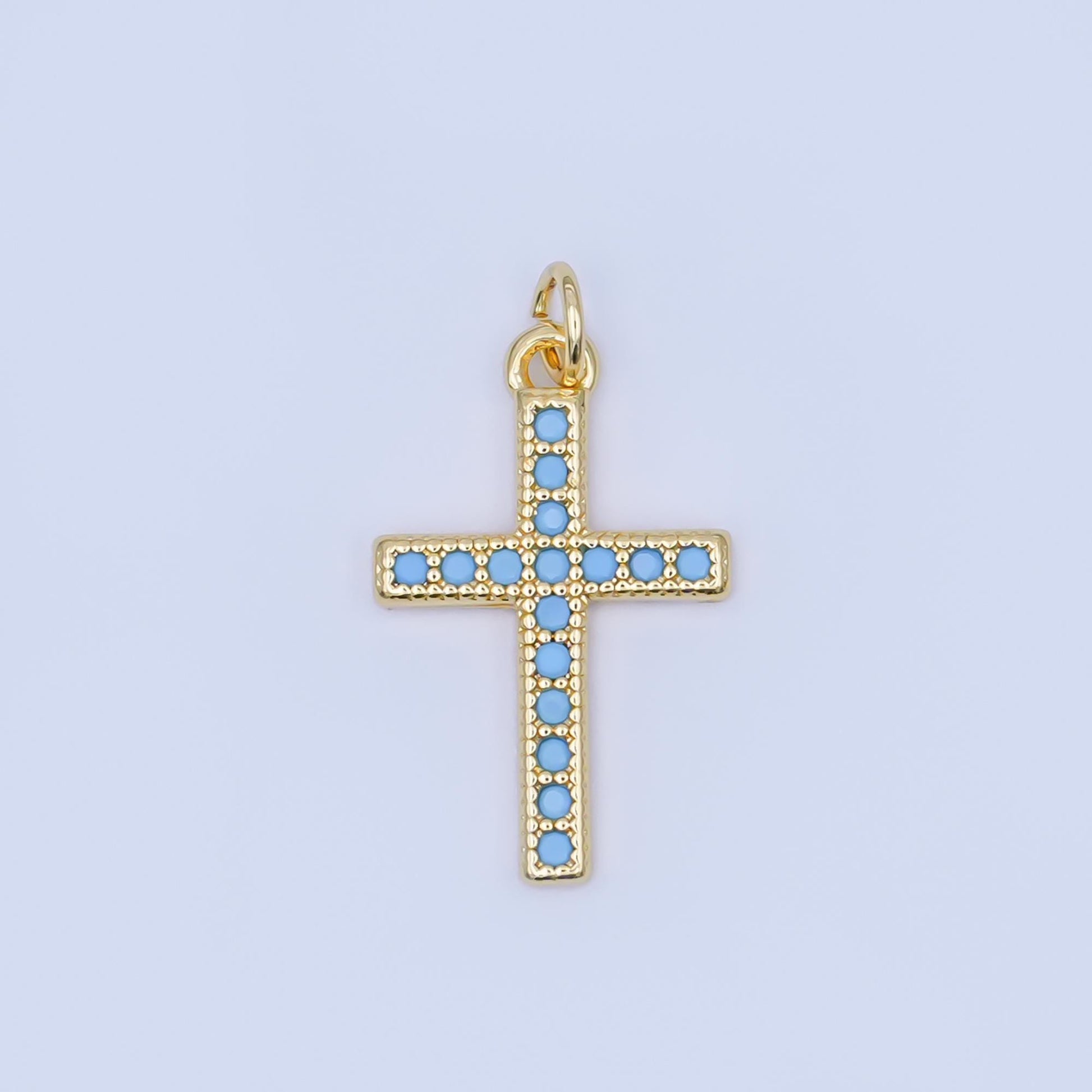 24K Gold Filled Turquoise Micro Paved Religious Cross Charm | AF440