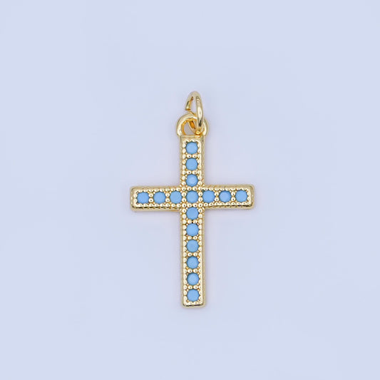 24K Gold Filled Turquoise Micro Paved Religious Cross Charm | AF440