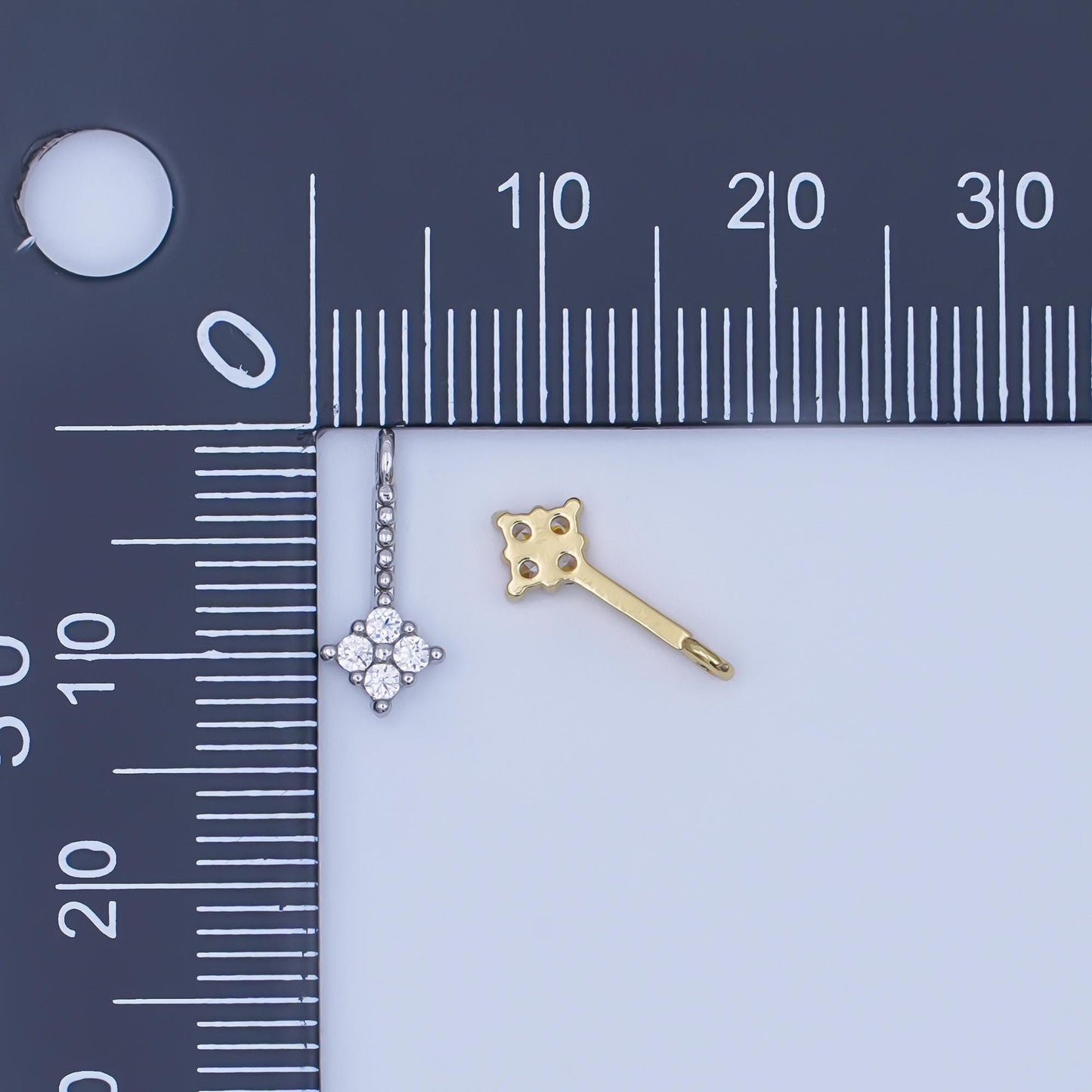 24K Gold Filled Clear CZ Quatrefoil Dotted Linear Charm in Gold & Silver | AF448
