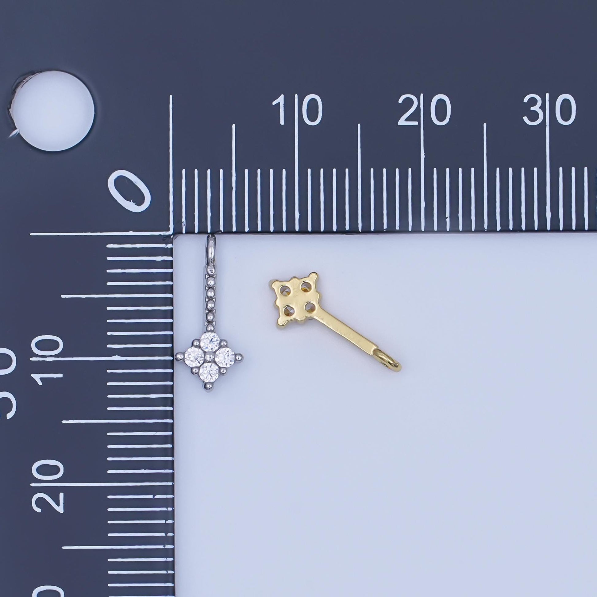 24K Gold Filled Clear CZ Quatrefoil Dotted Linear Charm in Gold & Silver | AF448