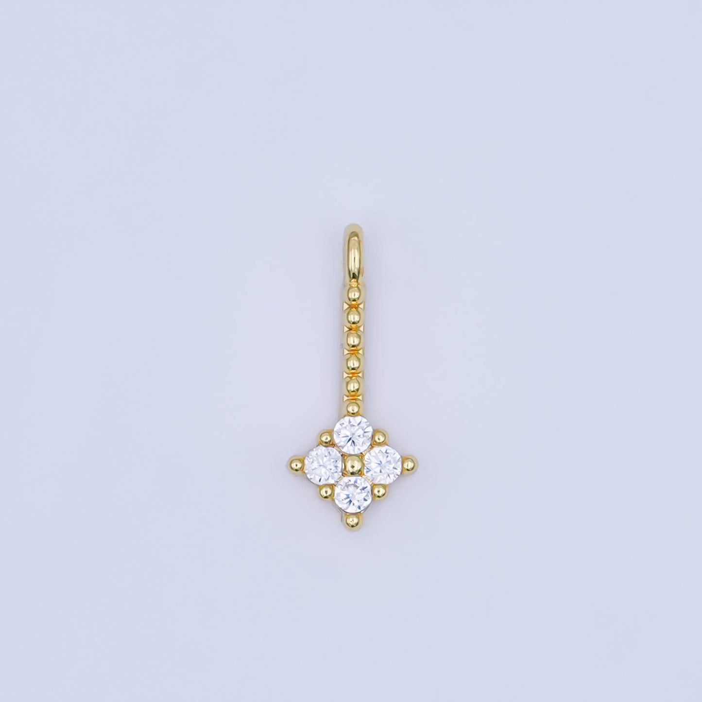 24K Gold Filled Clear CZ Quatrefoil Dotted Linear Charm in Gold & Silver | AF448