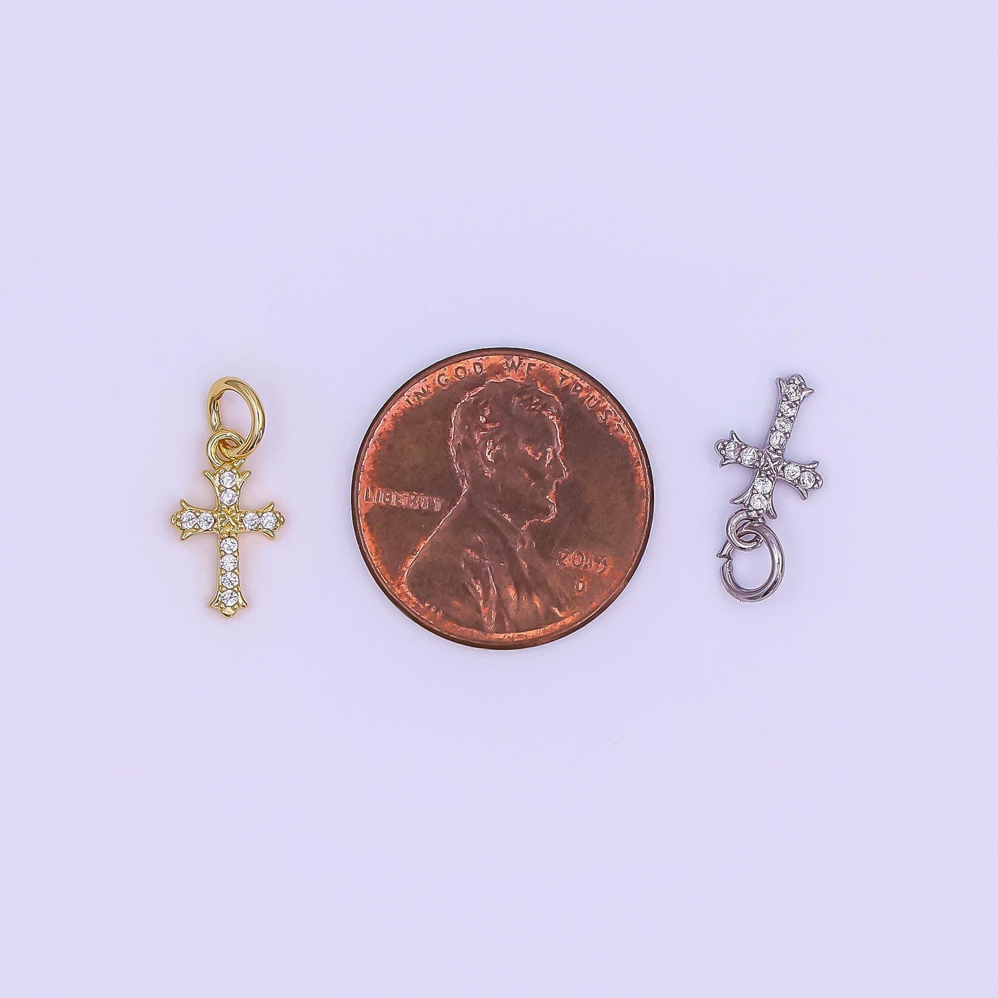 24K Gold Filled Clear CZ Micro Paved Passion Cross Mini Charm in Gold & Silver | AF431