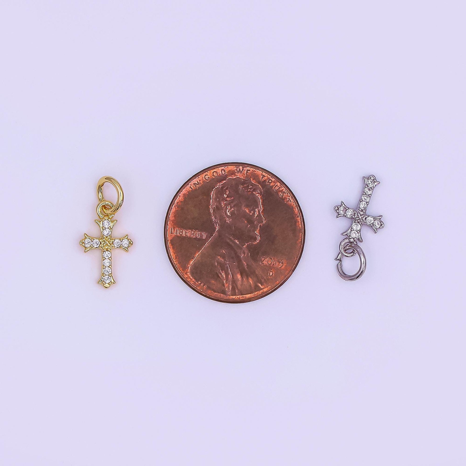 24K Gold Filled Clear CZ Micro Paved Passion Cross Mini Charm in Gold & Silver | AF431