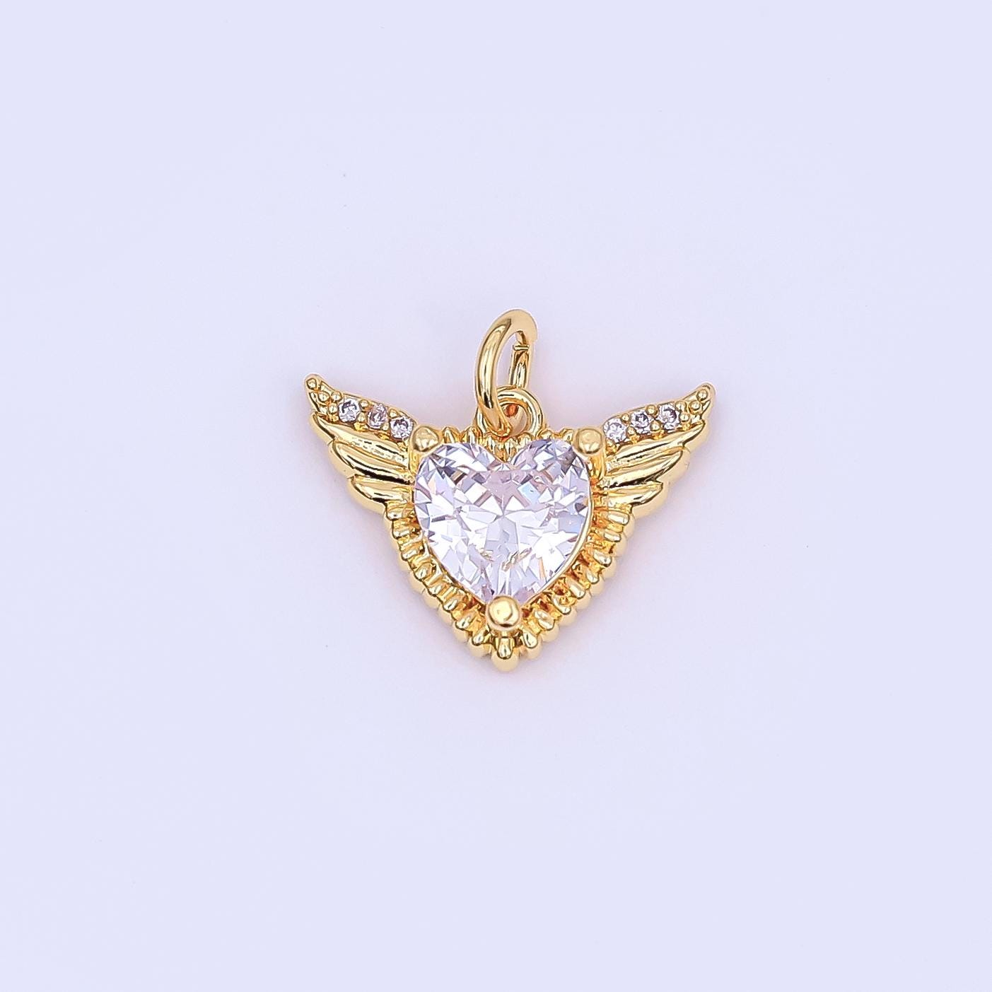 24K Gold Filled Clear CZ Heart Wings Charm in Gold & Silver | AF435