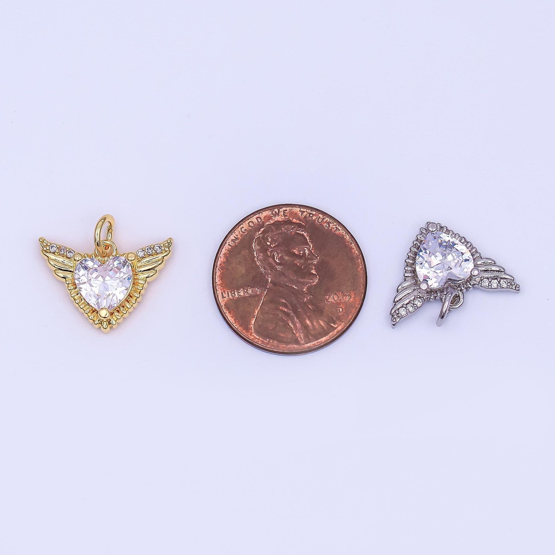 24K Gold Filled Clear CZ Heart Wings Charm in Gold & Silver | AF435