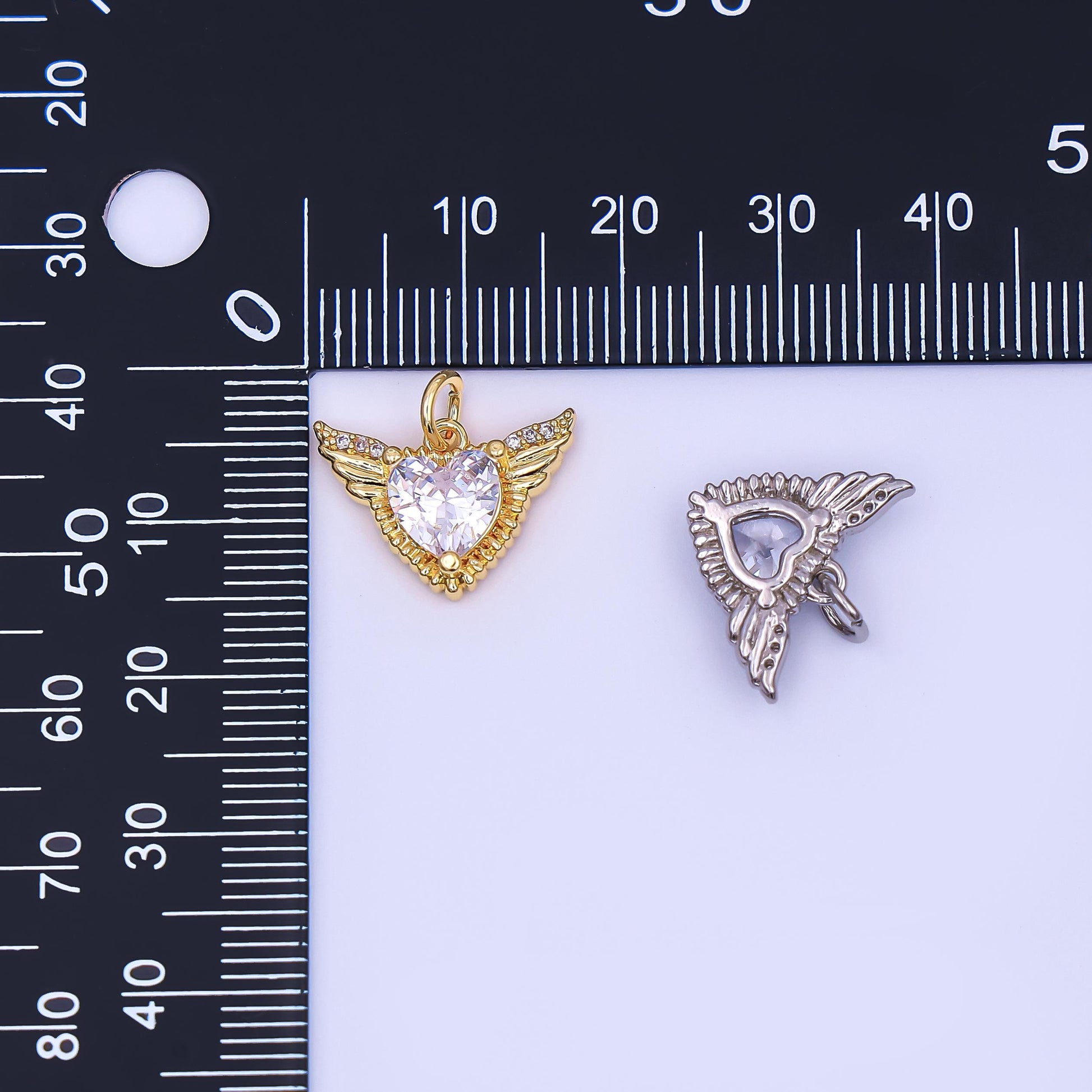 24K Gold Filled Clear CZ Heart Wings Charm in Gold & Silver | AF435