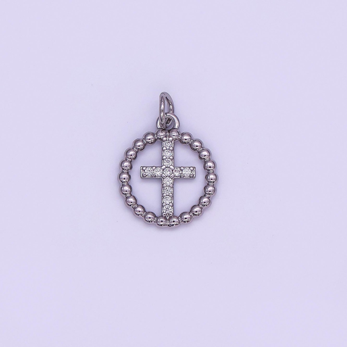 24K Gold Filled Religious Cross Micro Paved CZ Open Dotted Round Charm in Gold & Silver | AF433