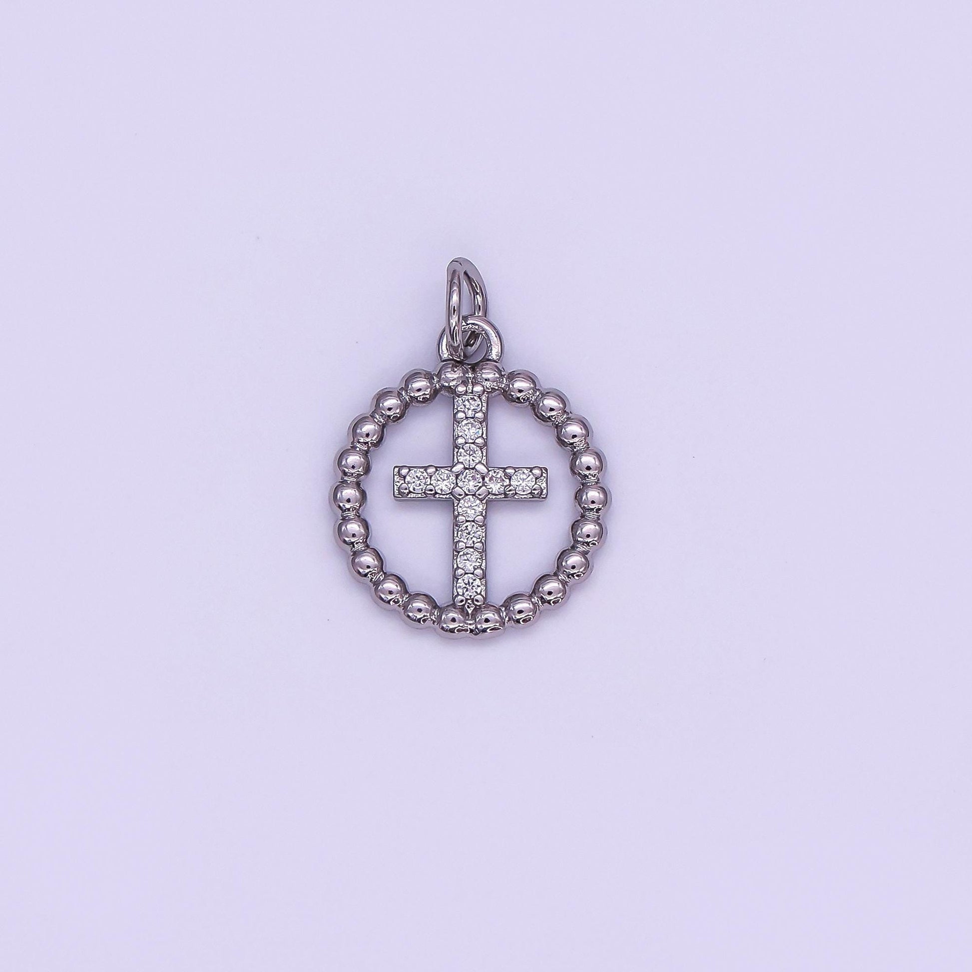 24K Gold Filled Religious Cross Micro Paved CZ Open Dotted Round Charm in Gold & Silver | AF433
