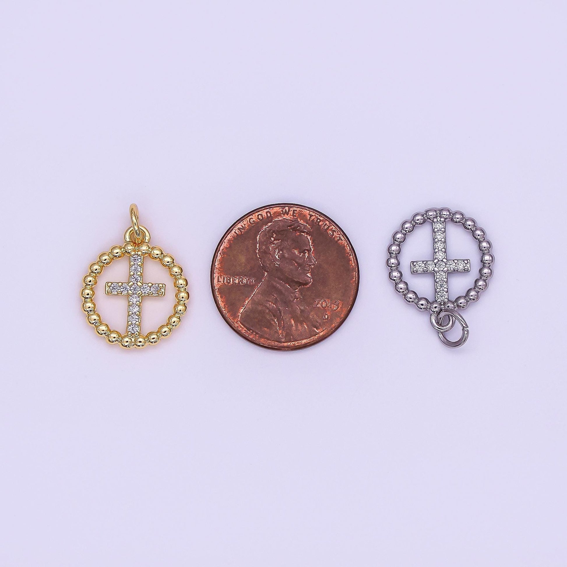 24K Gold Filled Religious Cross Micro Paved CZ Open Dotted Round Charm in Gold & Silver | AF433