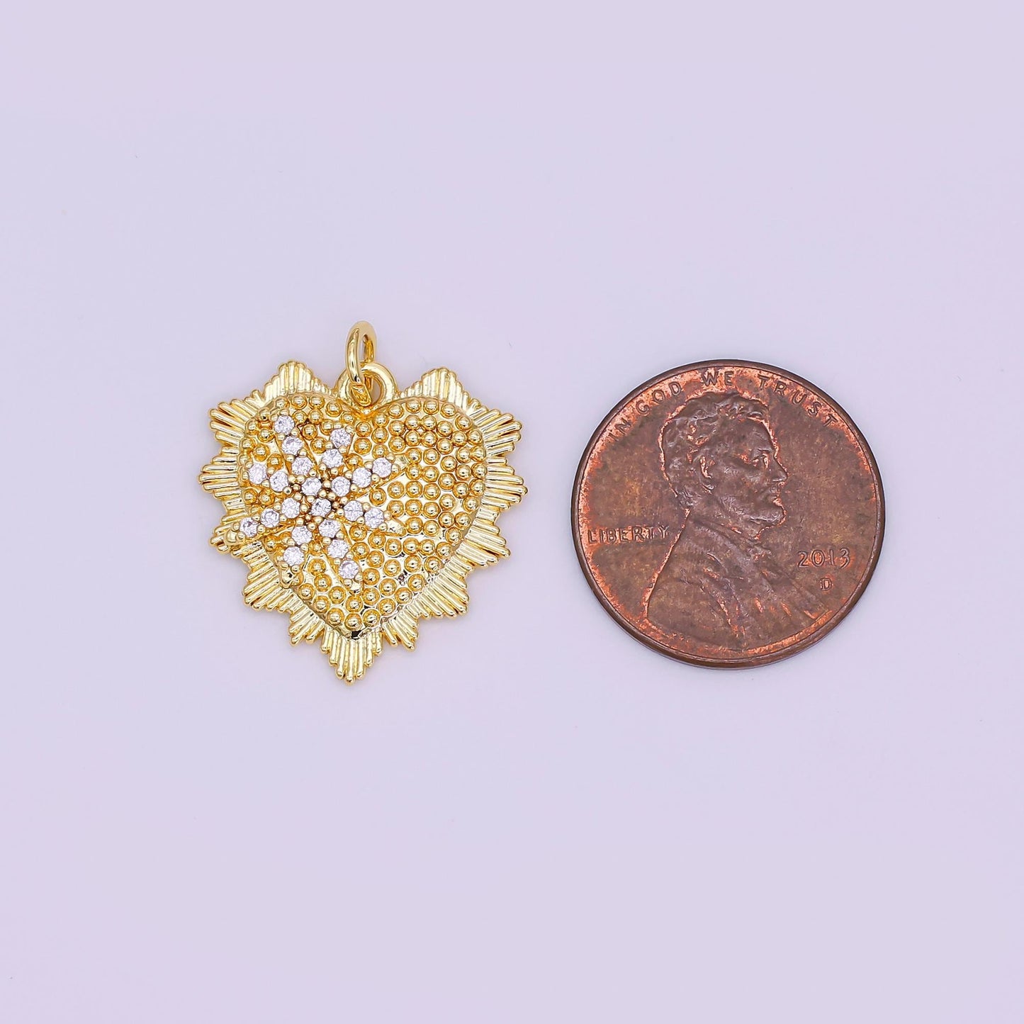 24K Gold Filled 20mm Star Micro Paved CZ Dotted Sunburst Heart Charm | AF459