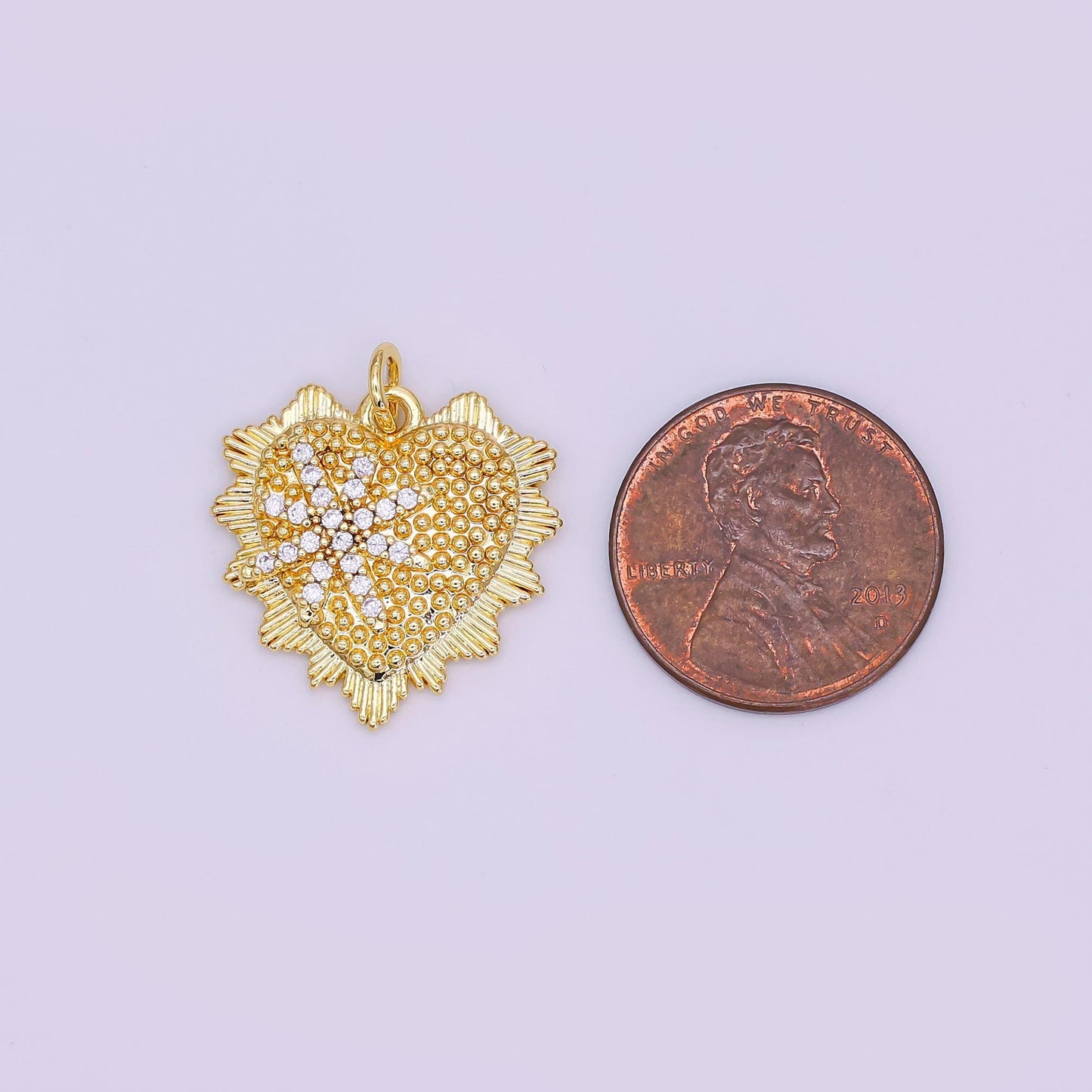 24K Gold Filled 20mm Star Micro Paved CZ Dotted Sunburst Heart Charm | AF459