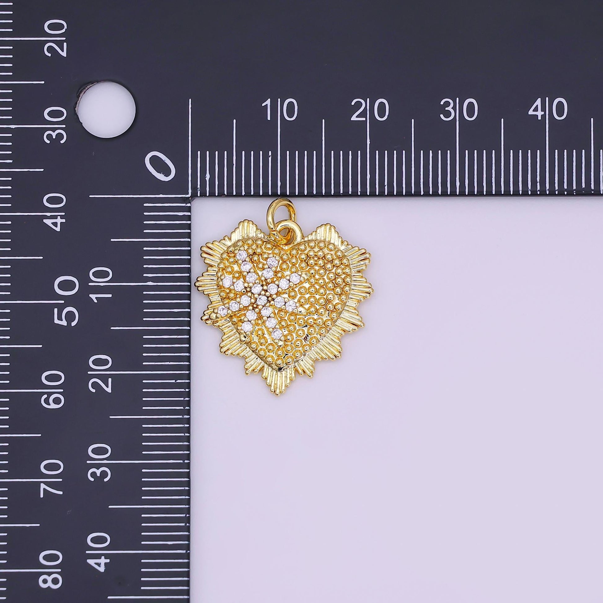 24K Gold Filled 20mm Star Micro Paved CZ Dotted Sunburst Heart Charm | AF459