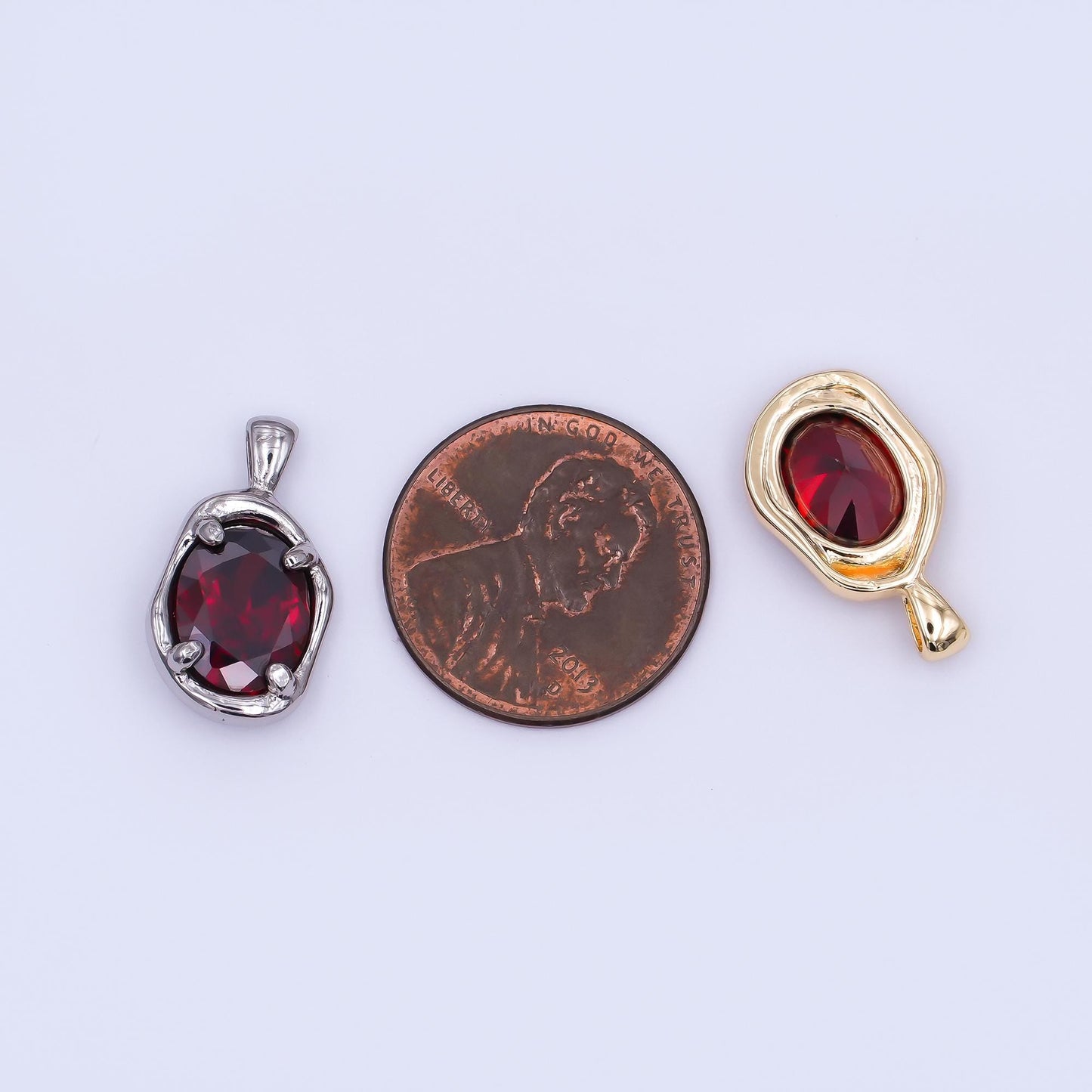 24K Gold Filled Dark Red CZ Molten Bezel Pendant in Gold & Silver | AH456
