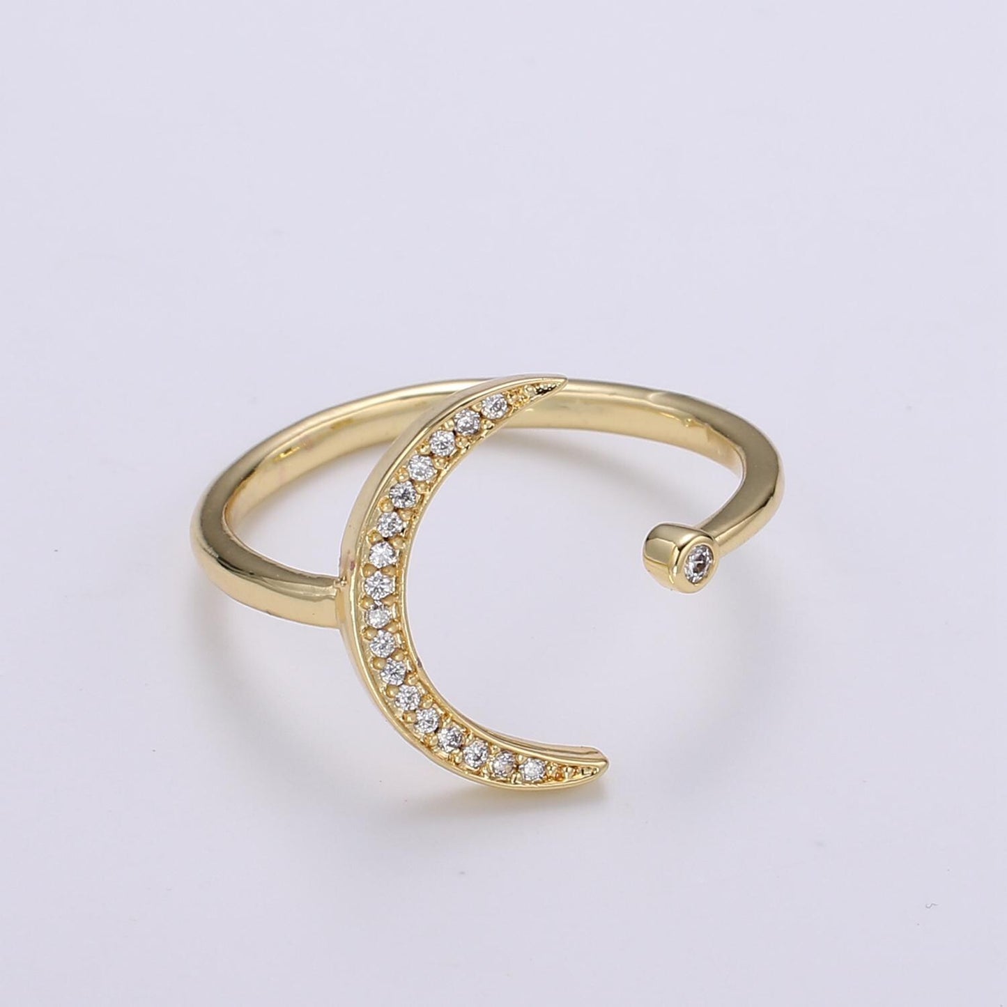 1pc Crescent Moon Star CZ Gold Ring, Moon Cubic Pave Adjustable Gold Curb Ring, Simple Ring, Clear Cubic Zirconia R-315