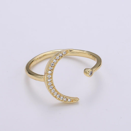 1pc Crescent Moon Star CZ Gold Ring, Moon Cubic Pave Adjustable Gold Curb Ring, Simple Ring, Clear Cubic Zirconia R-315