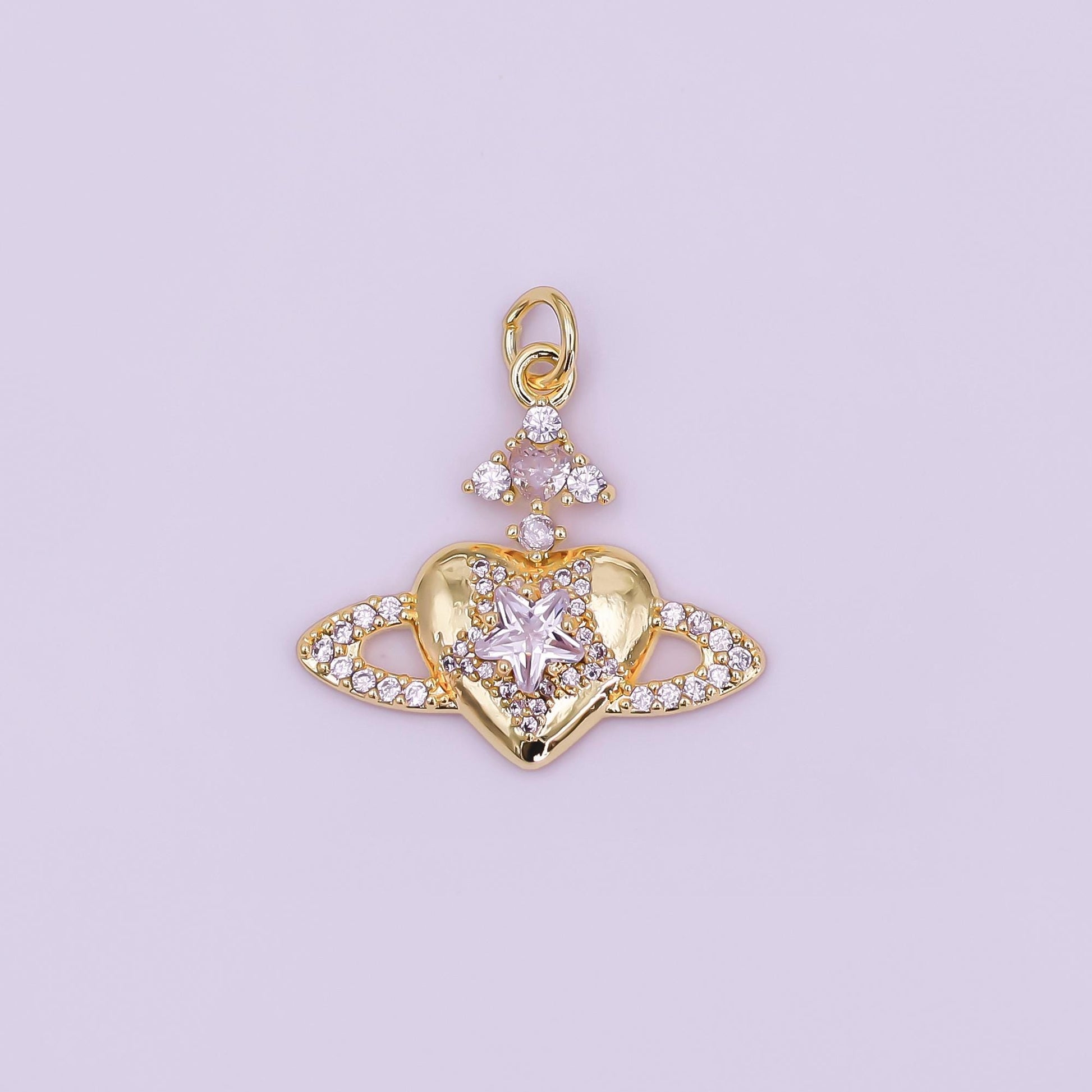 24K Gold Filled Pink, Clear CZ Celestial Heart Charm in Gold & Silver | AF471