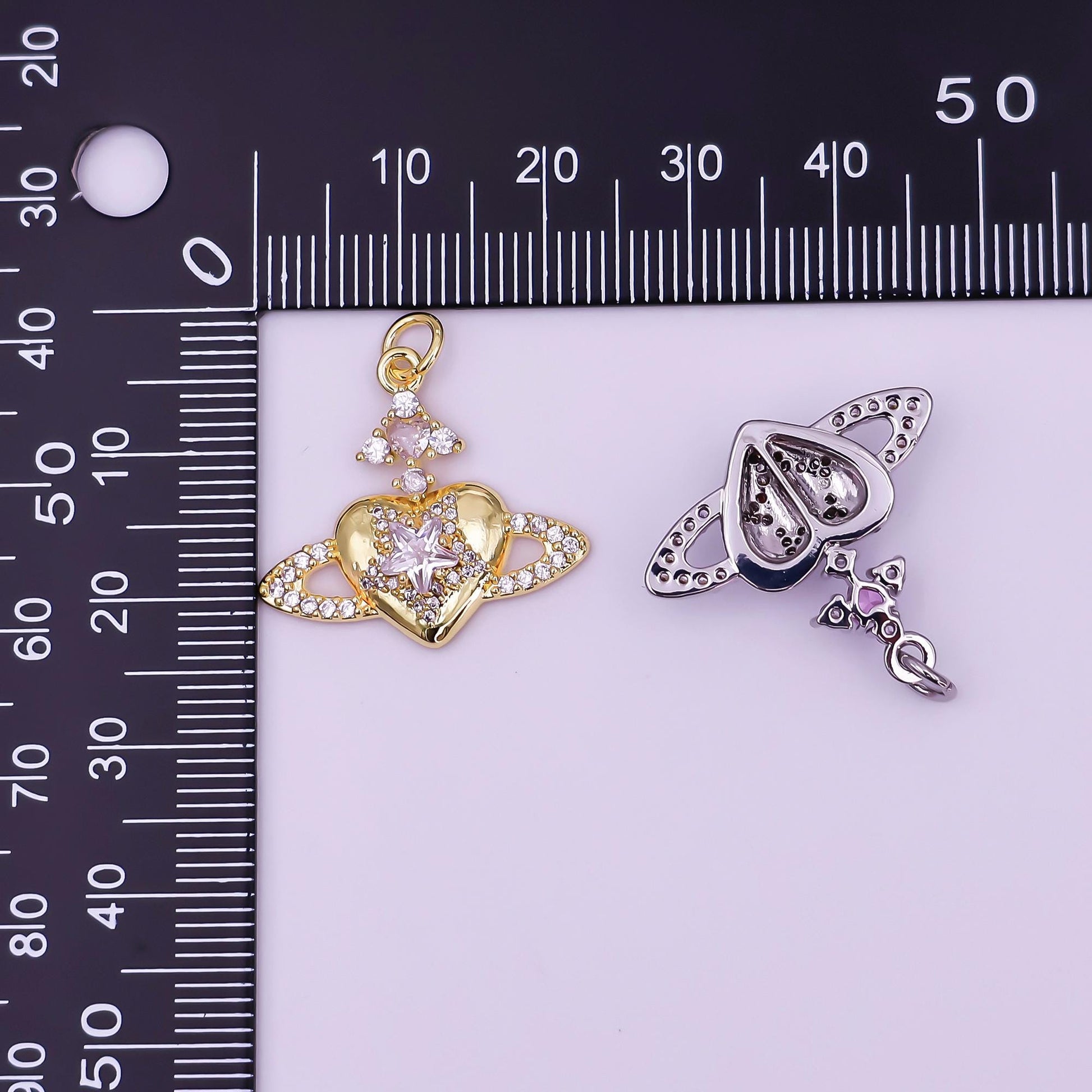24K Gold Filled Pink, Clear CZ Celestial Heart Charm in Gold & Silver | AF471