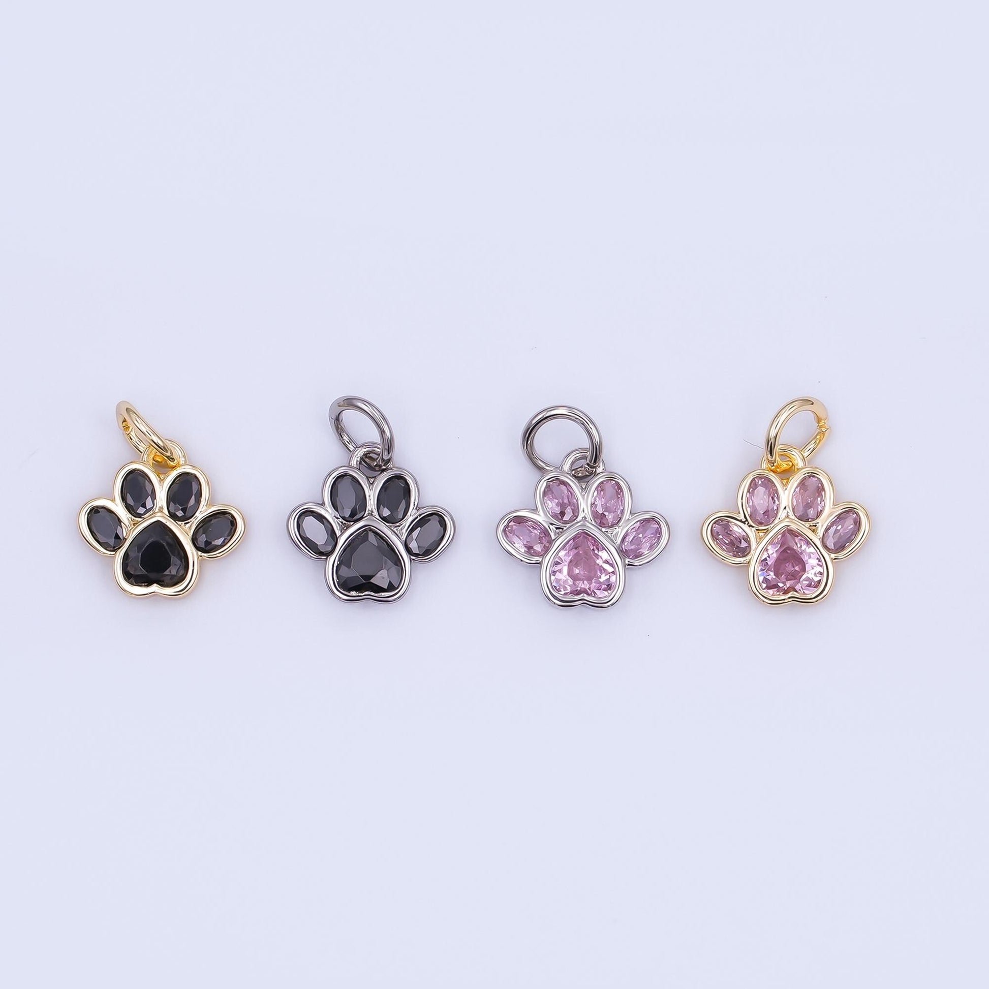 24K Gold Filled Black, Clear, Pink CZ Paw Print Charm in Gold & Silver | AF454 - AF456