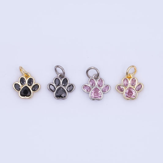 24K Gold Filled Black, Clear, Pink CZ Paw Print Charm in Gold & Silver | AF454 - AF456
