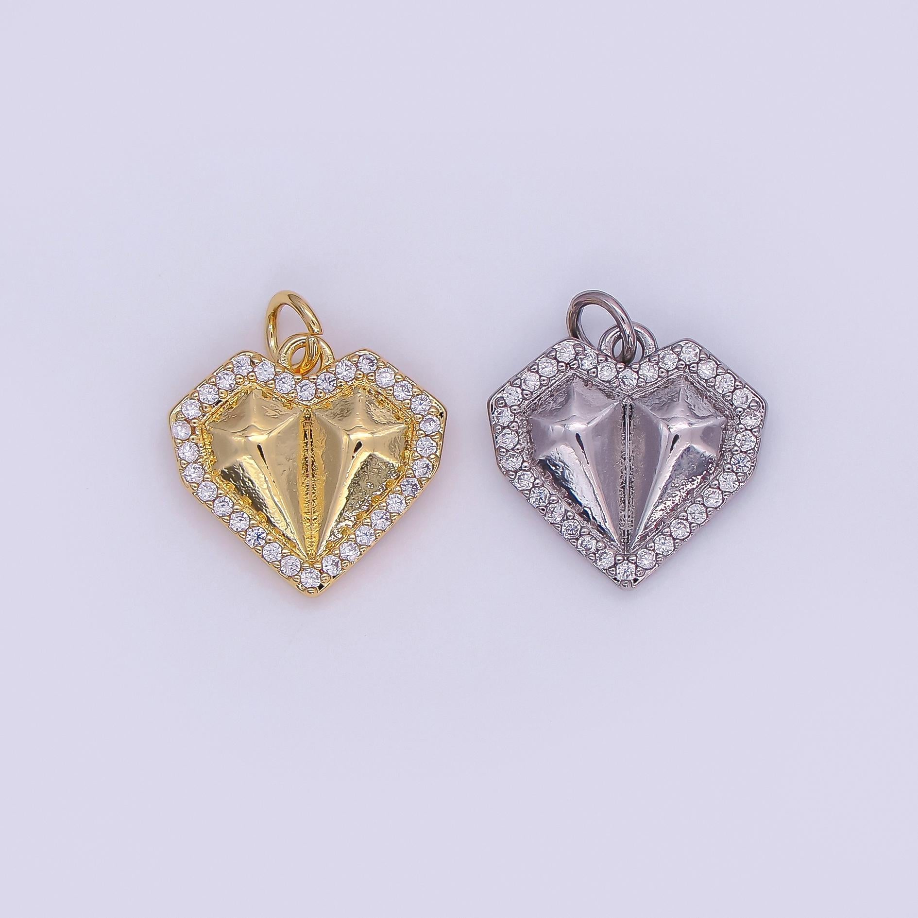 24K Gold Filled Geometric Edged Heart Micro Paved CZ Charm in Gold & Silver | N097